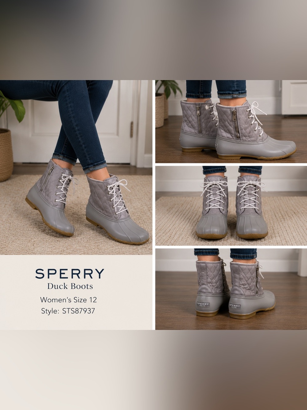 Sperry Women’s Duck Boots Size 12 Gray Quilted Waterproof Lace Up STS87937